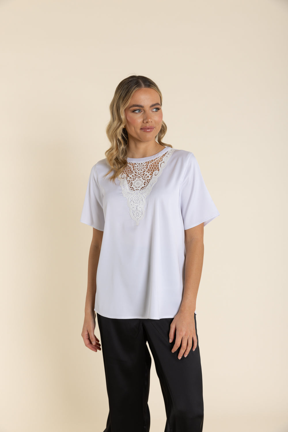 2923 Satin Top With Lace Neck Detail