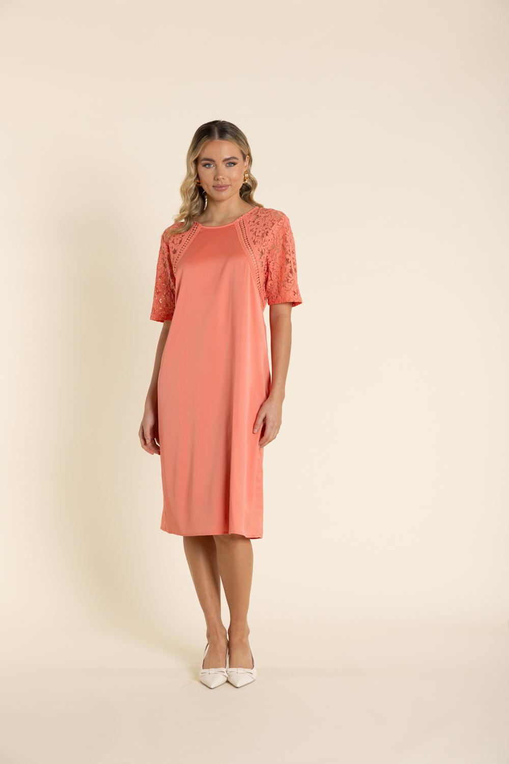2924 Satin Dress With Lace Sleeve