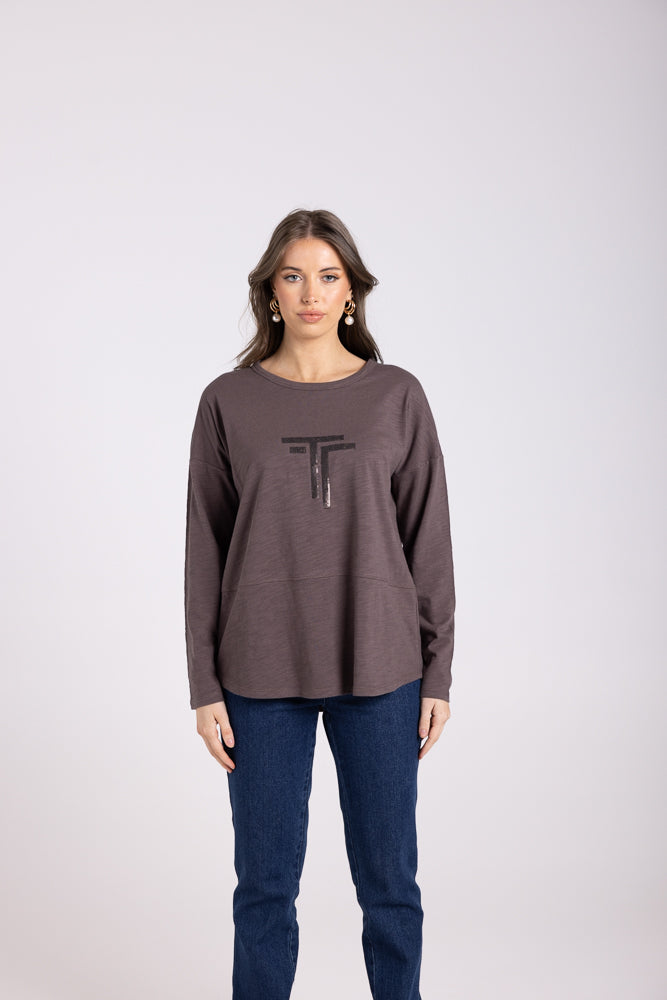 3025 - LOGO SEQUIN CREW L/SLV TOP