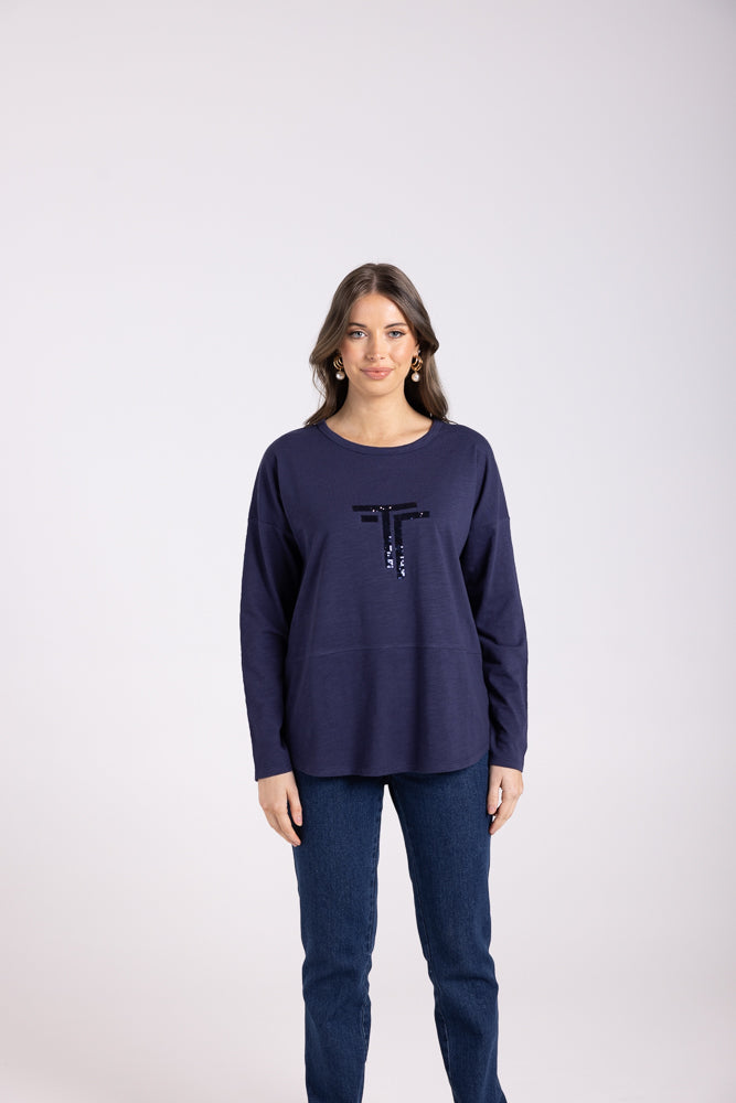 3025 - LOGO SEQUIN CREW L/SLV TOP