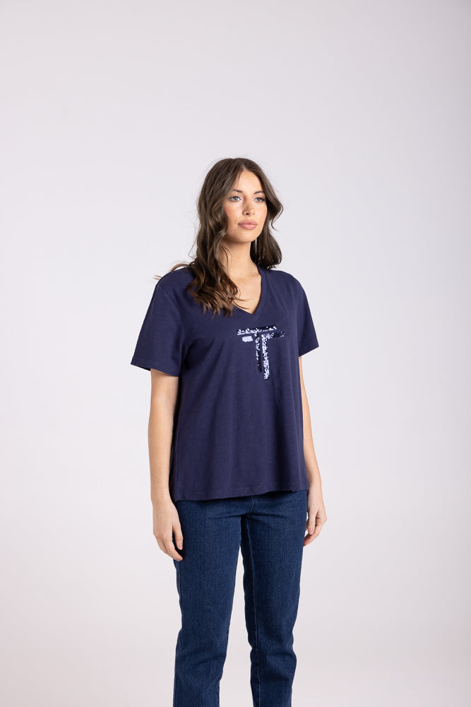 3029 - V NECK DTM SEQUIN T-SHIRT