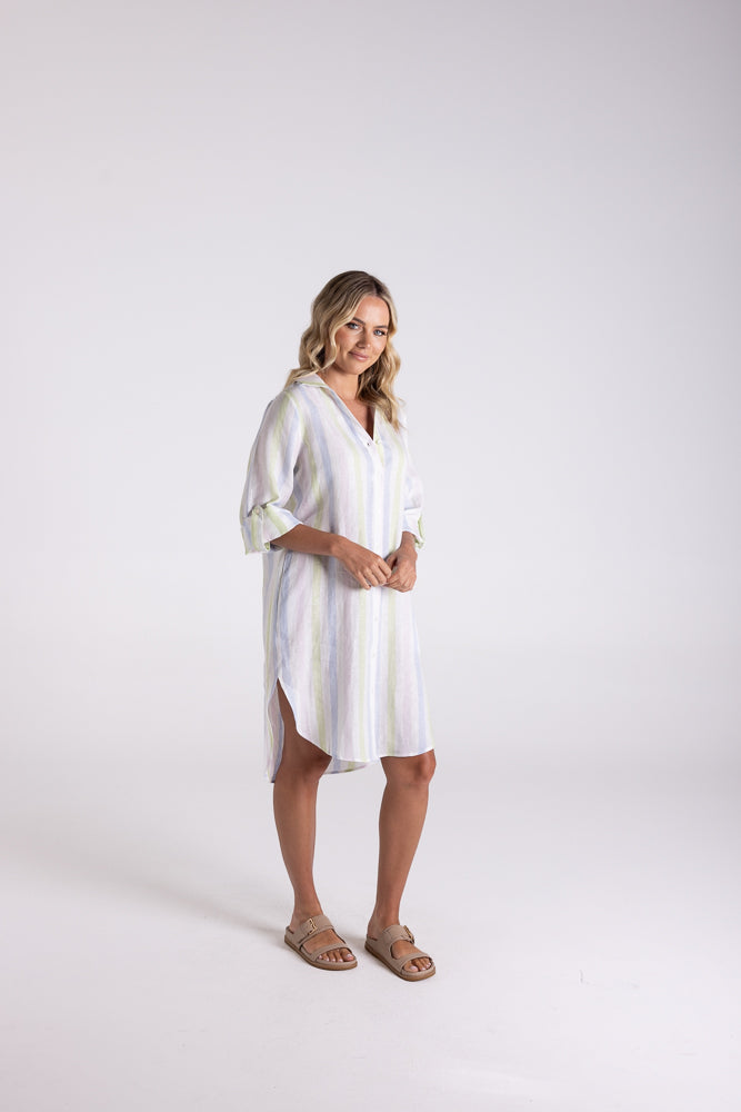 3142 - MULTI STRIPE LINEN SHIRT DRESS