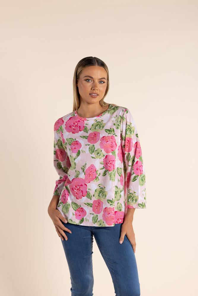 2805 - ROSE PRINT JERSEY 7/8 SLV TOP