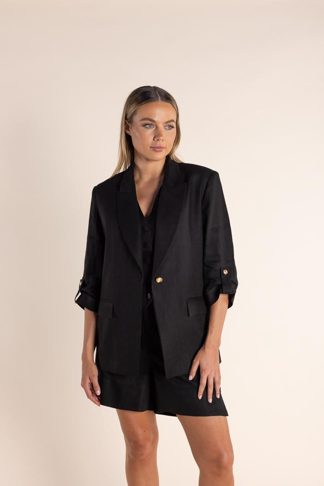2829 - LINEN MIX BLAZER W/TAB SLEEVE