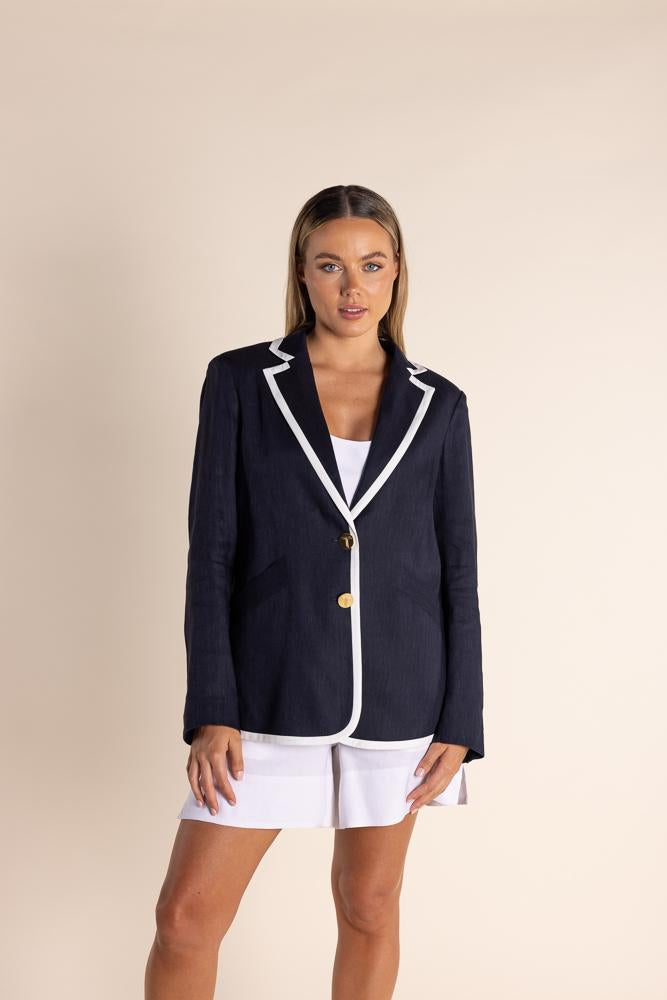 2831 - LINEN MIX BLAZER W/CONTRAST TRIM