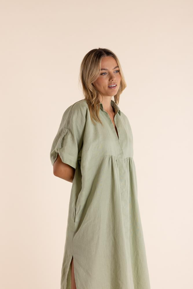 2843 LINEN DROP SHOULDER MIDI DRESS