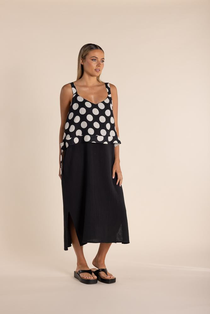 2859 - STRAPPY DRESS SPOT BODICE/SOLID BOTTOM