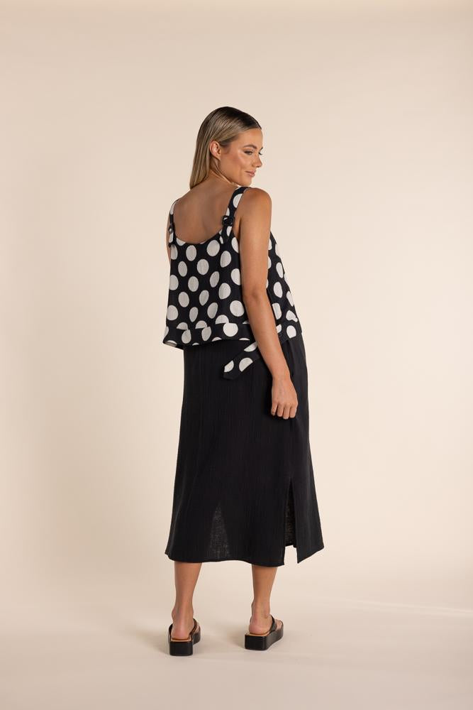 2859 - STRAPPY DRESS SPOT BODICE/SOLID BOTTOM