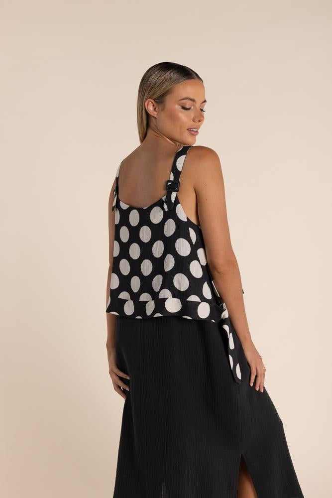 2859 - STRAPPY DRESS SPOT BODICE/SOLID BOTTOM