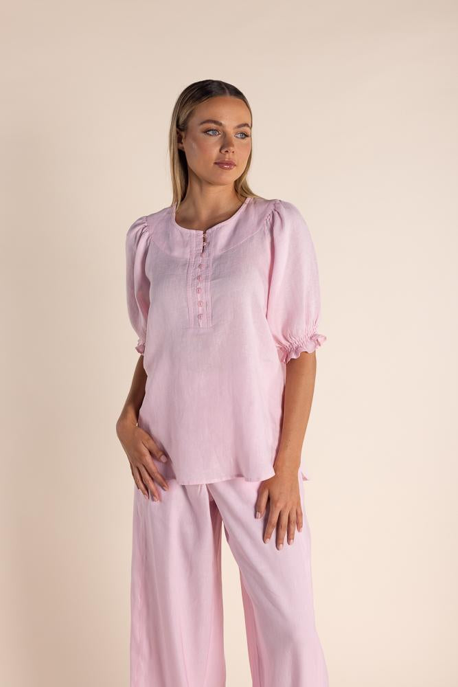 2878 BUTTON LINEN TOP, PUFF SLEEVE