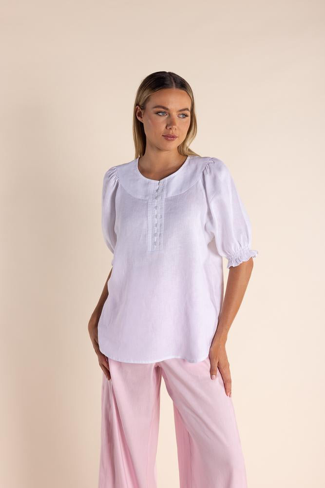 2878 BUTTON LINEN TOP, PUFF SLEEVE