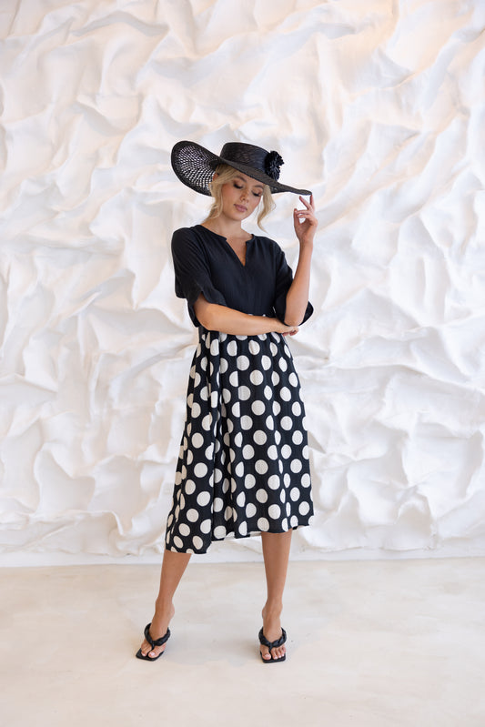 2860 - SPOT PRINT DRESS W/CONTRAST BODICE