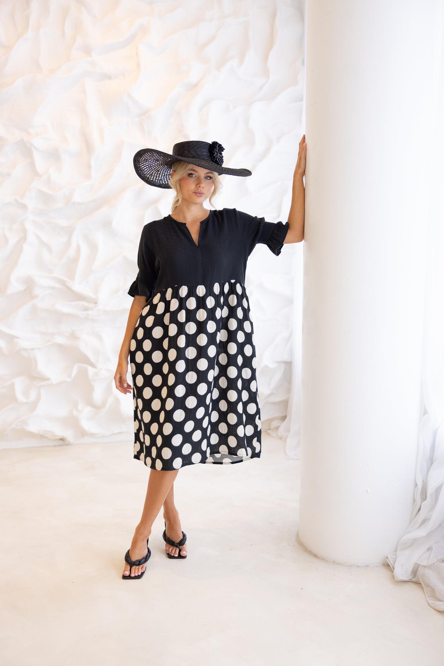 2860 - SPOT PRINT DRESS W/CONTRAST BODICE