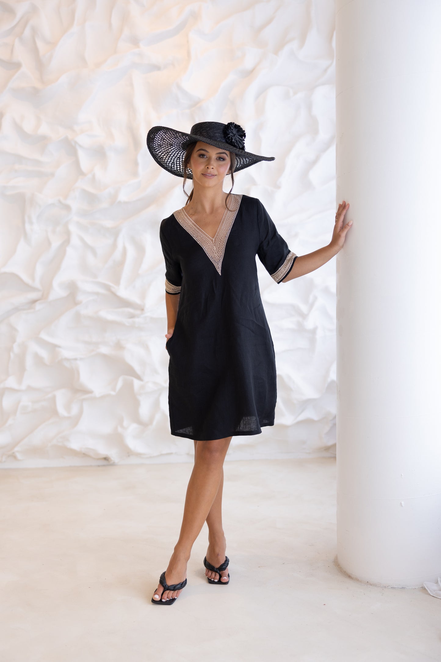 2875 - LINEN V NECK DRESS, LACE TRIM DETAIL