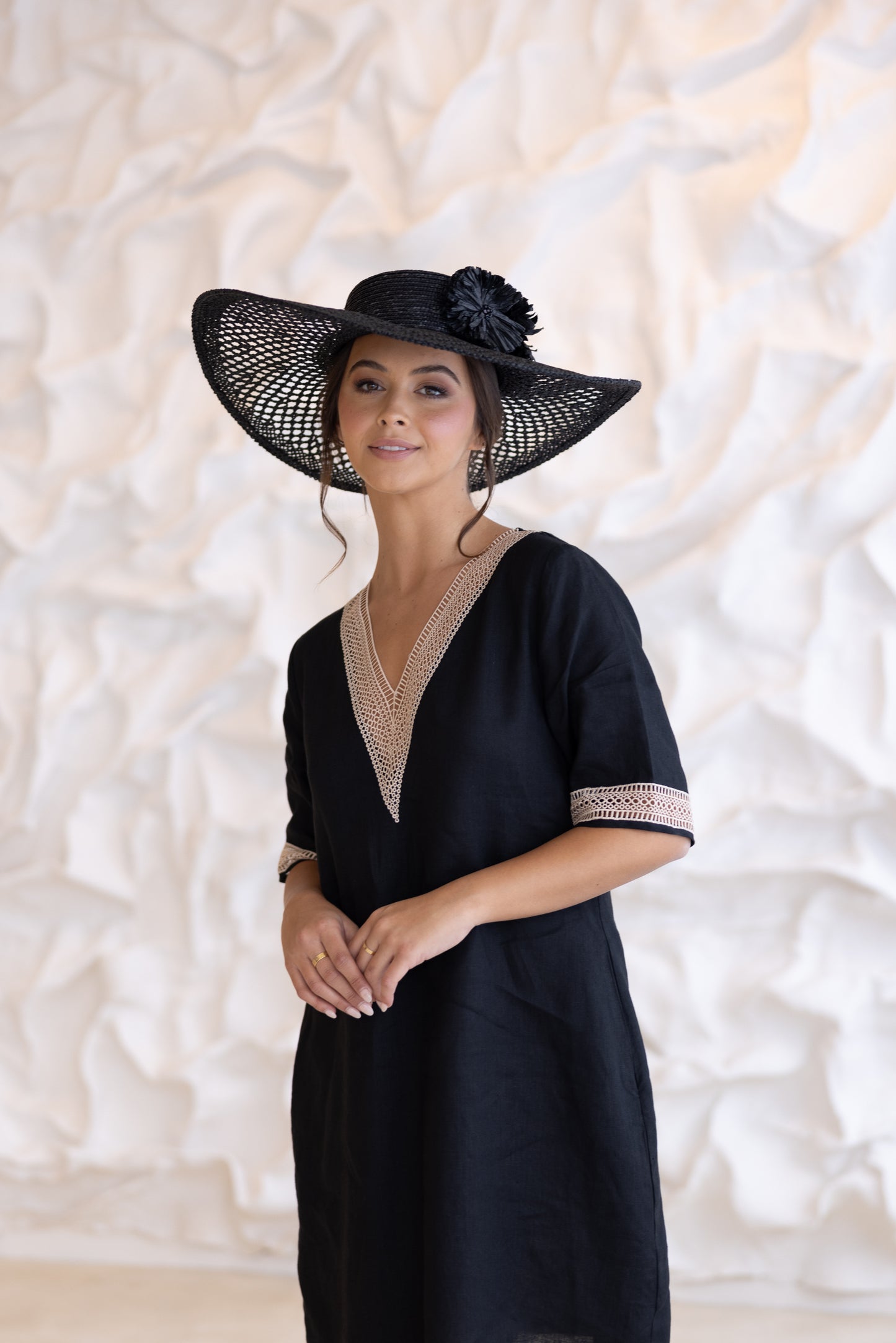 2875 - LINEN V NECK DRESS, LACE TRIM DETAIL