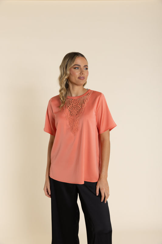 2923 Satin Top With Lace Neck Detail