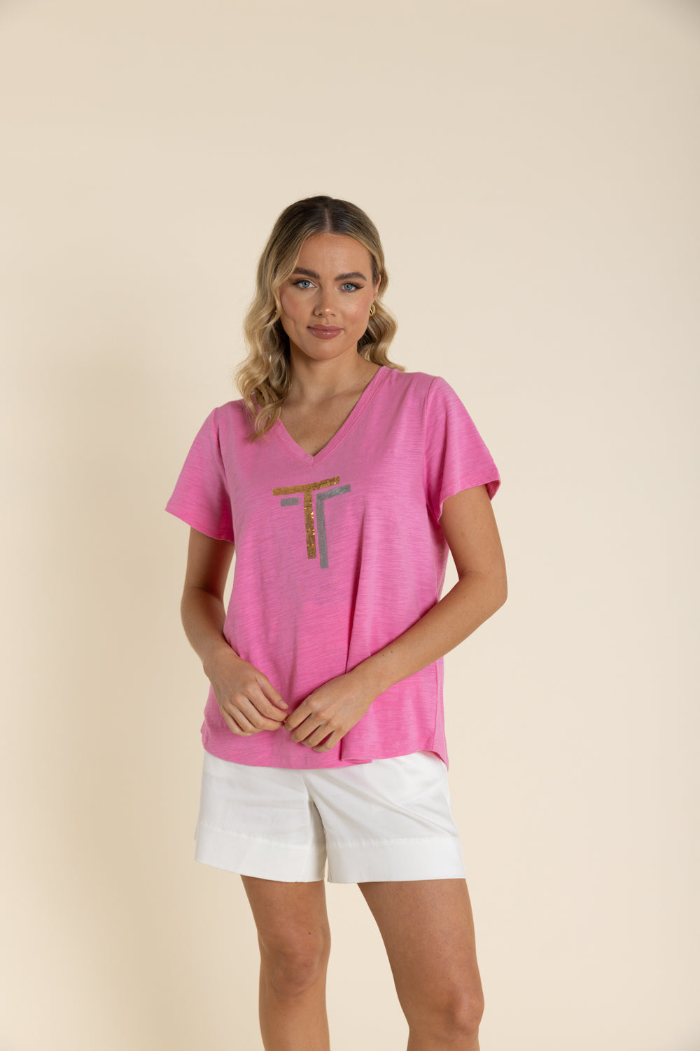 2943 Sequin V Neck Tee Shirt