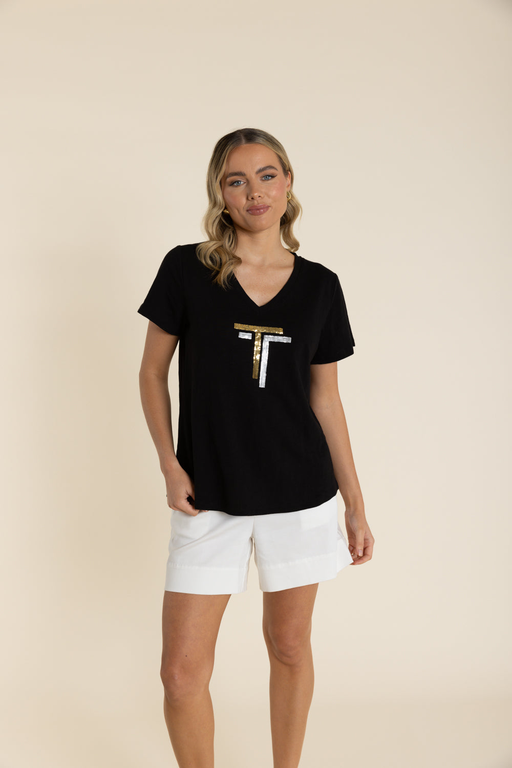 2943 Sequin V Neck Tee Shirt