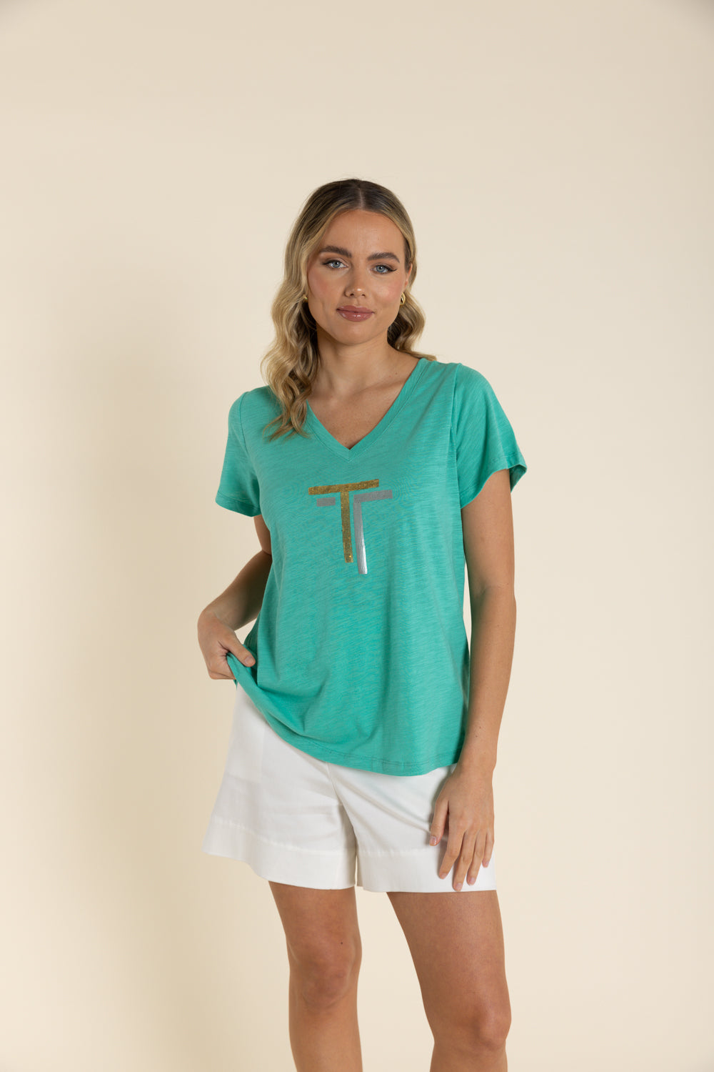 2943 Sequin V Neck Tee Shirt