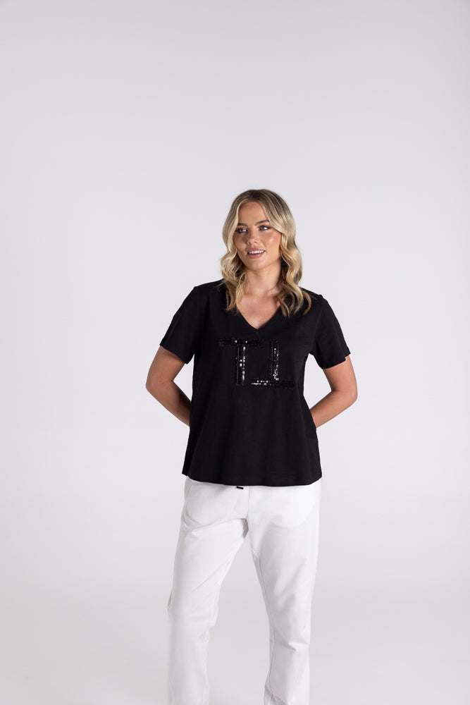 3111 - V NECK-BEADED & SEQUIN LOGO T-SHIRT