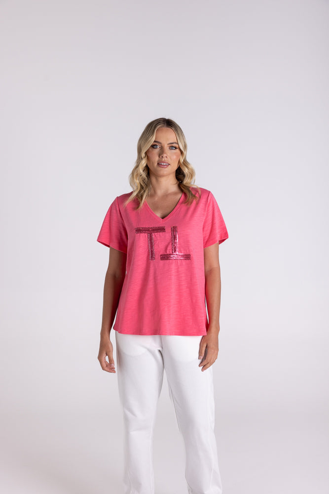 3111 - V NECK-BEADED & SEQUIN LOGO T-SHIRT