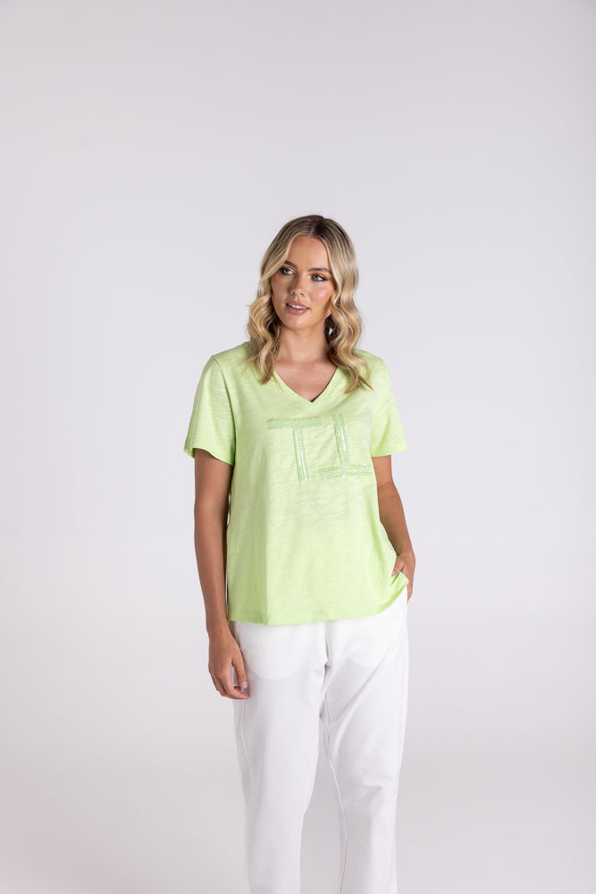 3111 - V NECK-BEADED & SEQUIN LOGO T-SHIRT