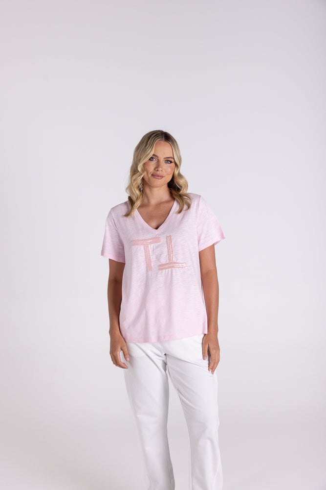 3111 - V NECK-BEADED & SEQUIN LOGO T-SHIRT