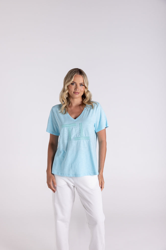 3111 - V NECK-BEADED & SEQUIN LOGO T-SHIRT