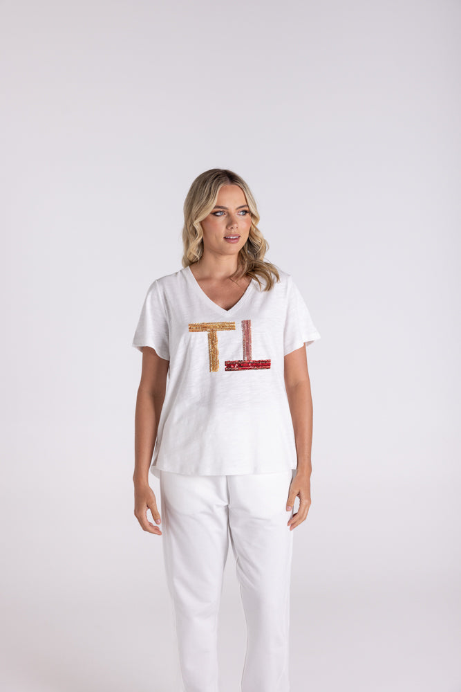 3111 - V NECK-BEADED & SEQUIN LOGO T-SHIRT