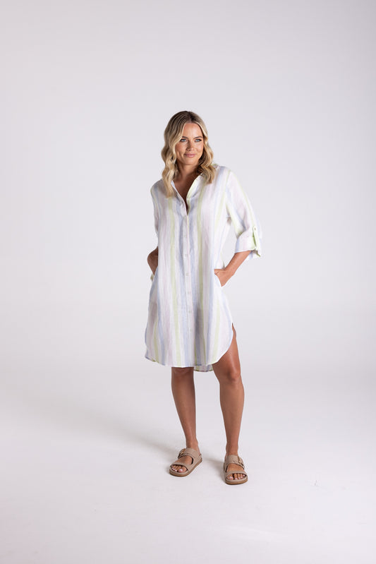 3142 - MULTI STRIPE LINEN SHIRT DRESS