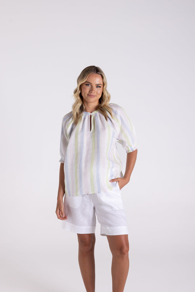 3143 - MULTI STRIPE LINEN KEYHOLE TOP