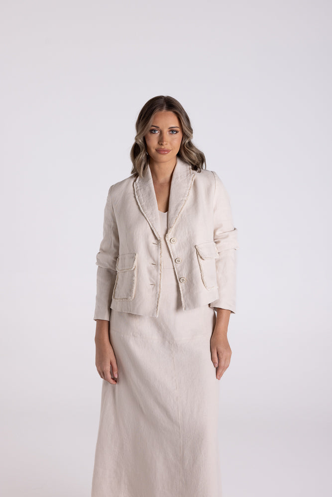 3177 - CROP TWEED LINEN JACKET WITH FRINGE