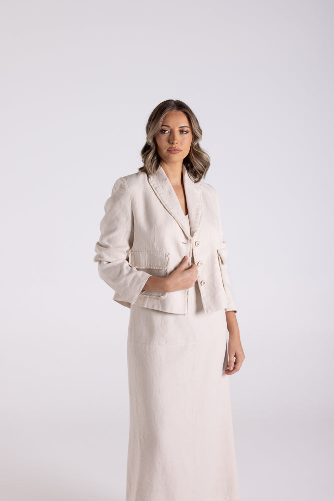 3177 - CROP TWEED LINEN JACKET WITH FRINGE