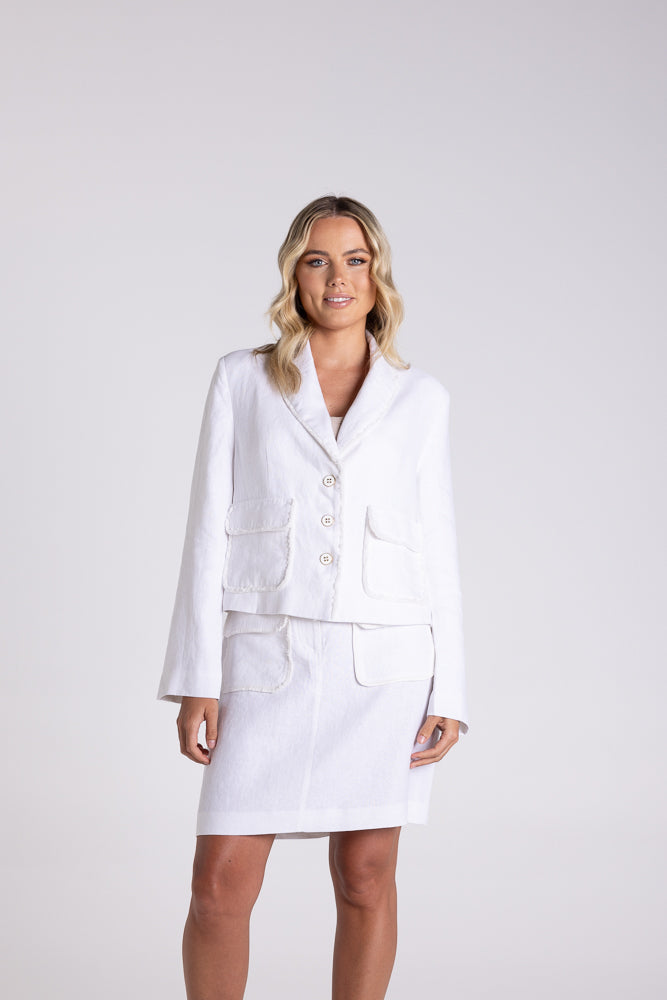 3177 - CROP TWEED LINEN JACKET WITH FRINGE