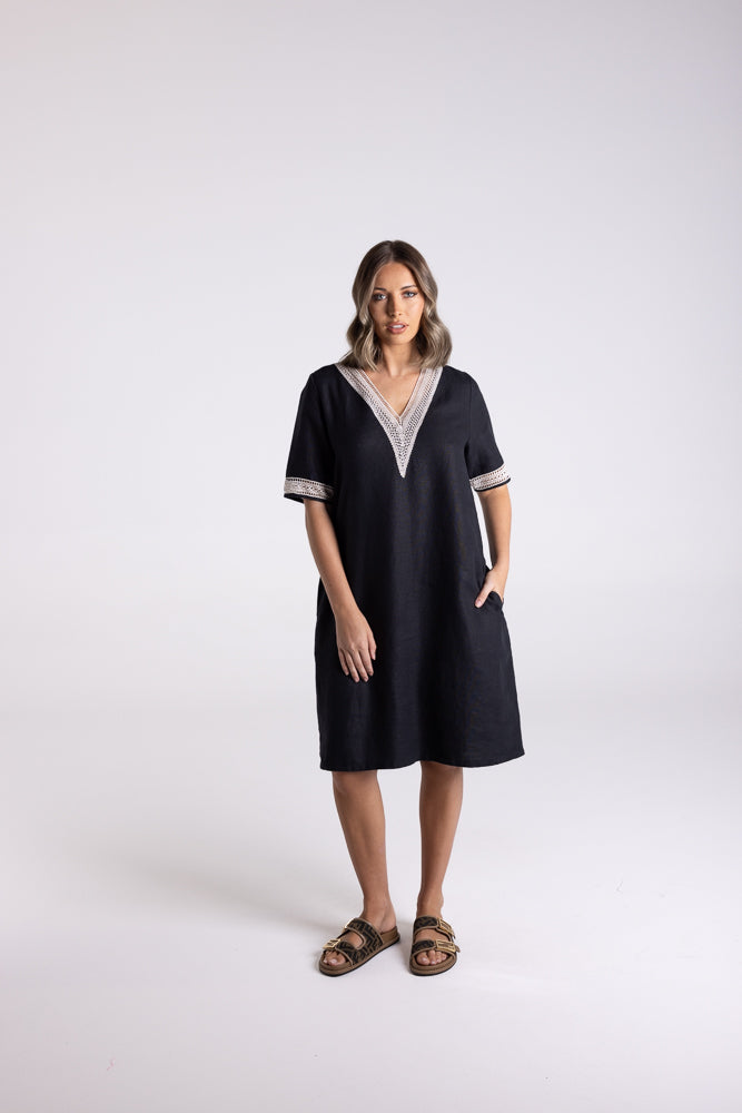 3199 - V NECK DRESS WITH LACE DETAIL-TWEEN LINEN