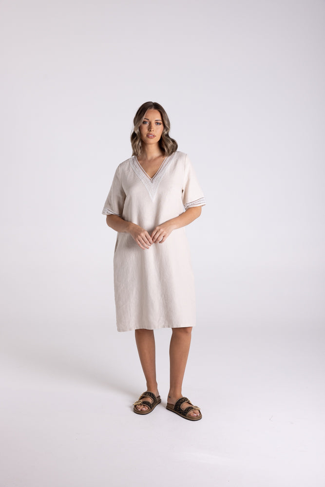 3199 - V NECK DRESS WITH LACE DETAIL-TWEEN LINEN