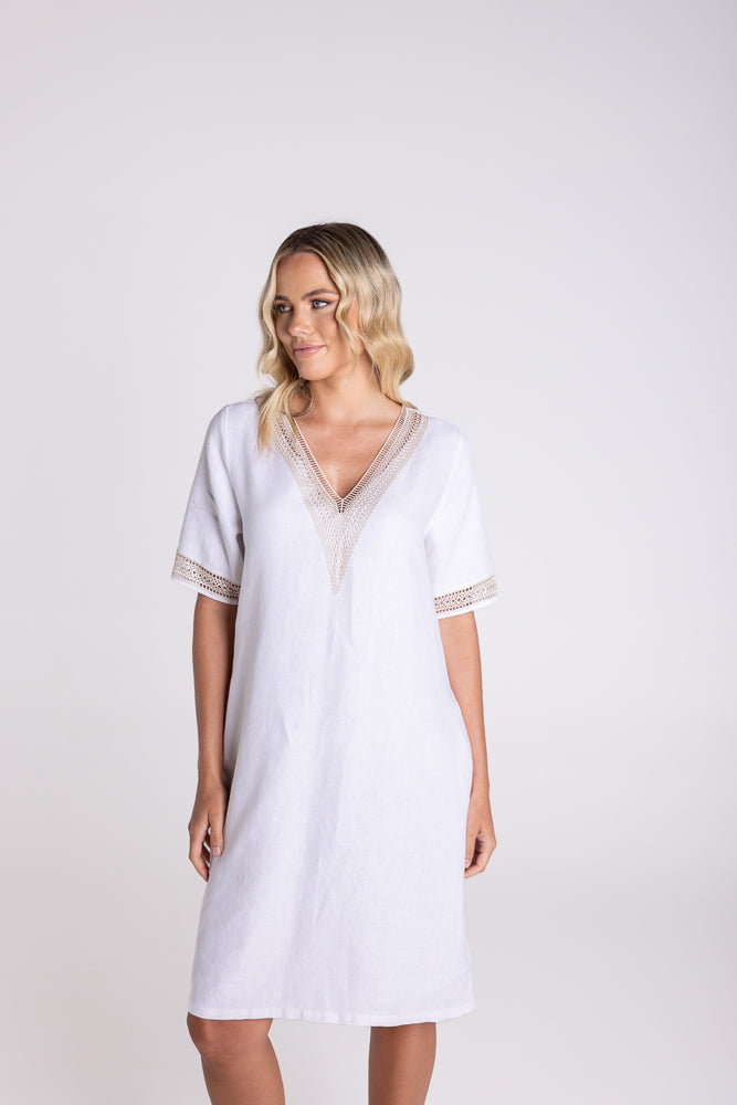 3199 - V NECK DRESS WITH LACE DETAIL-TWEEN LINEN