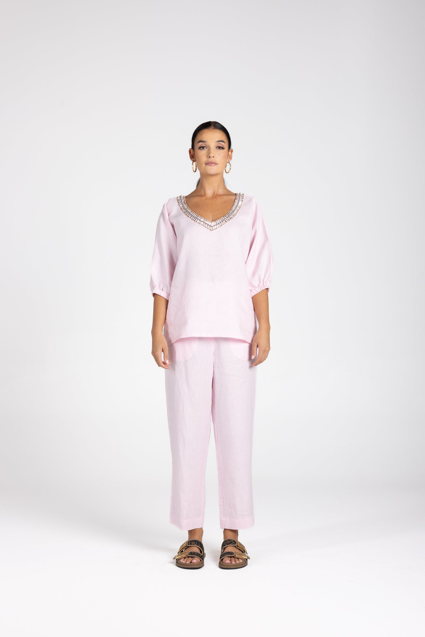 3209 - Linen V-Neck Beaded Top