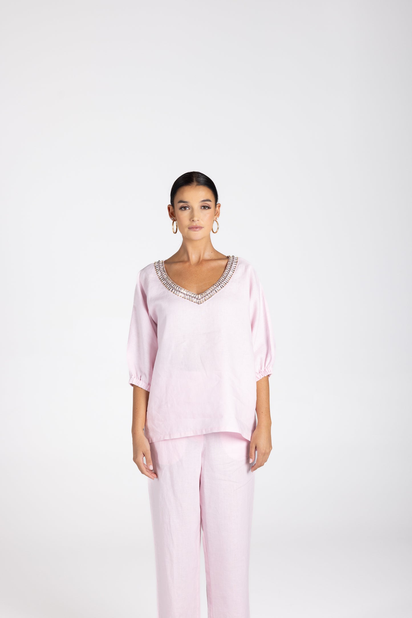 3209 - Linen V-Neck Beaded Top