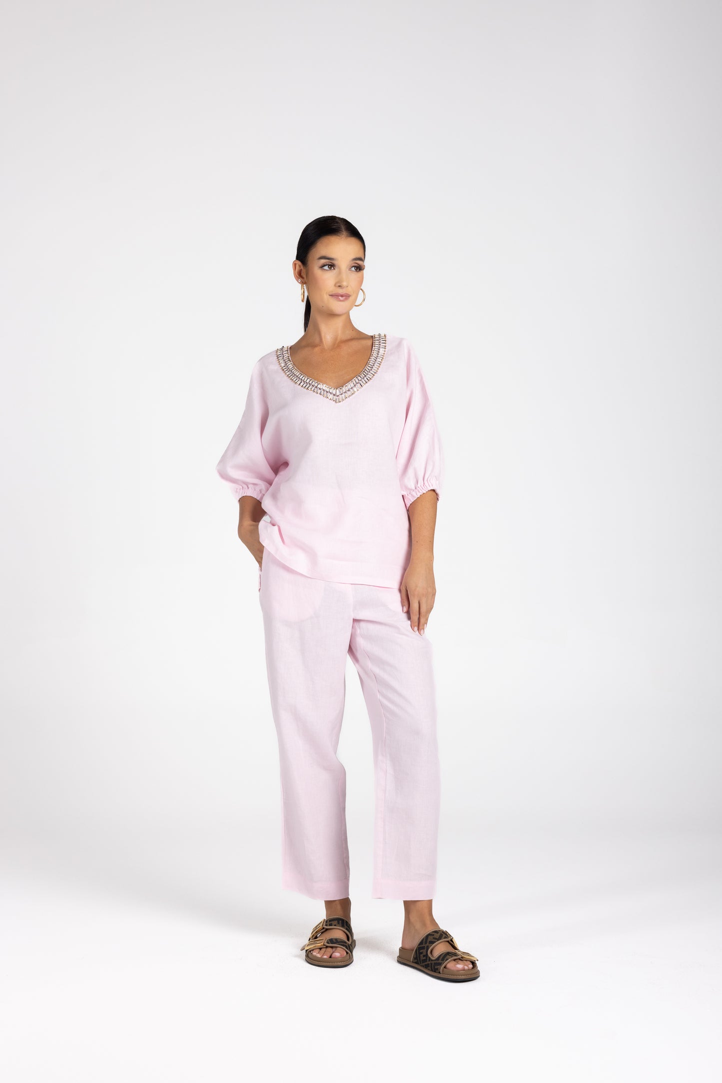 3209 - Linen V-Neck Beaded Top