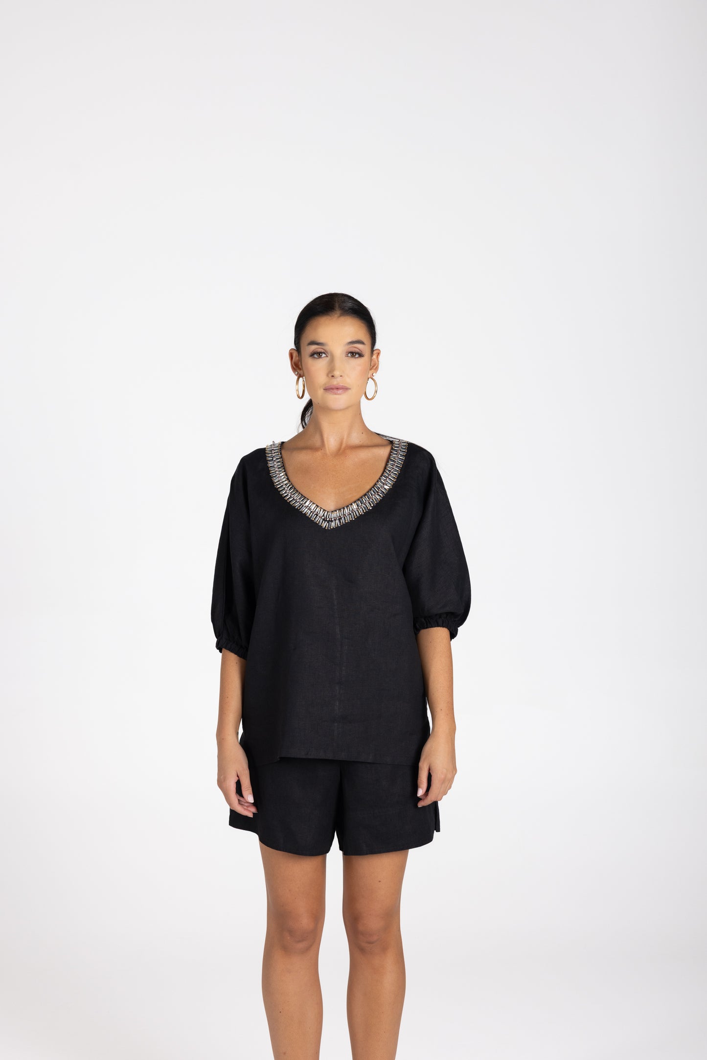 3209 - Linen V-Neck Beaded Top