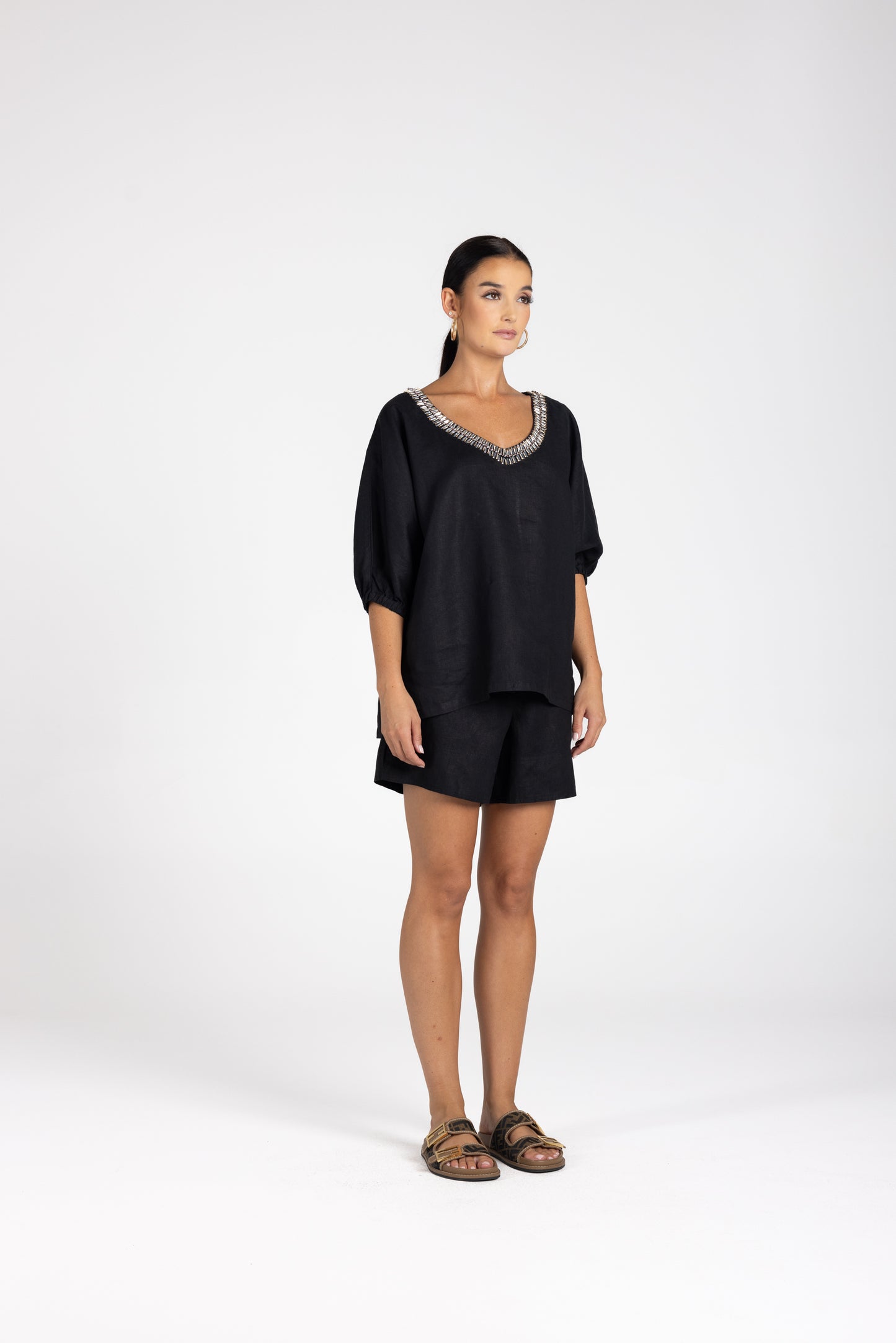 3209 - Linen V-Neck Beaded Top