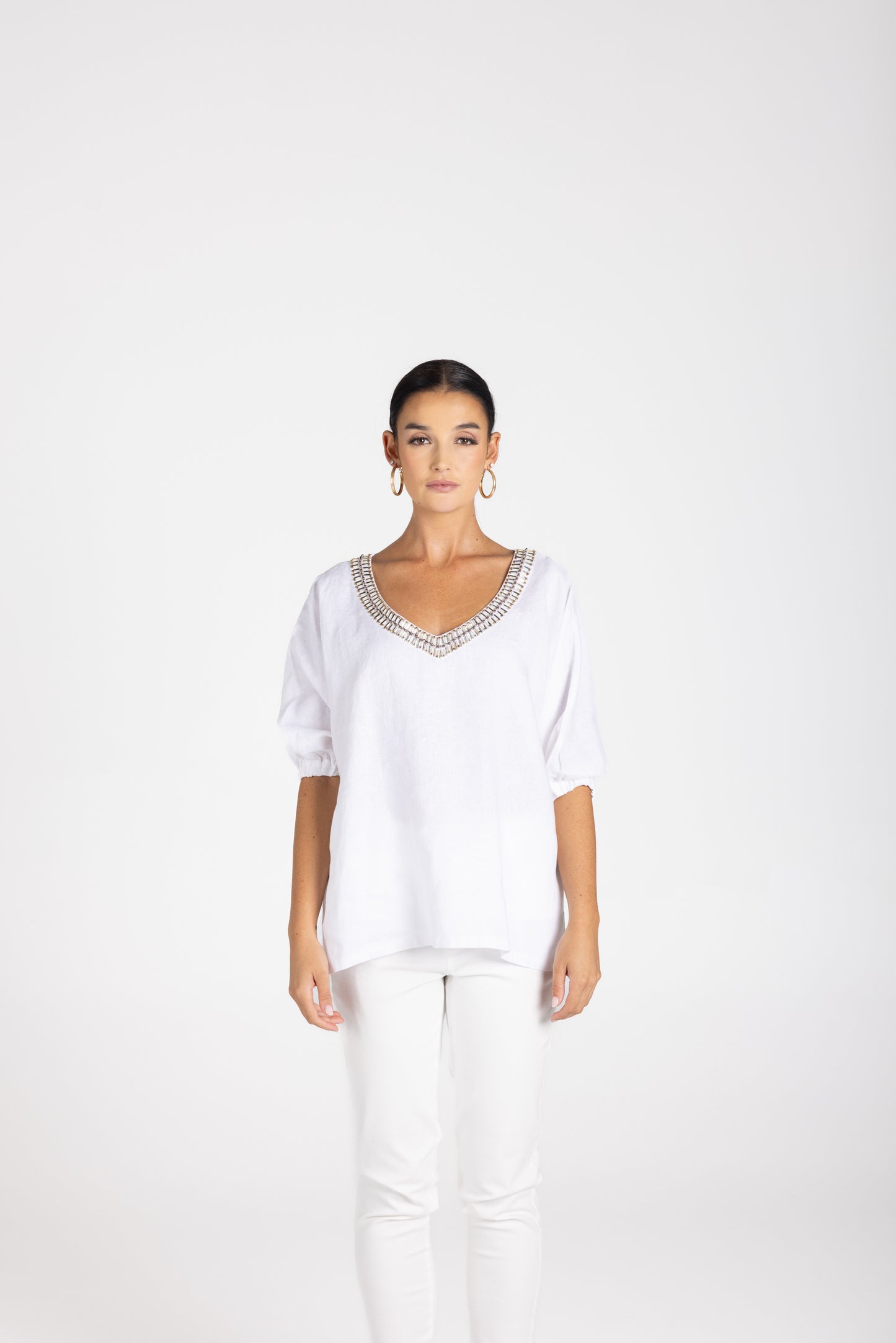 3209 - Linen V-Neck Beaded Top