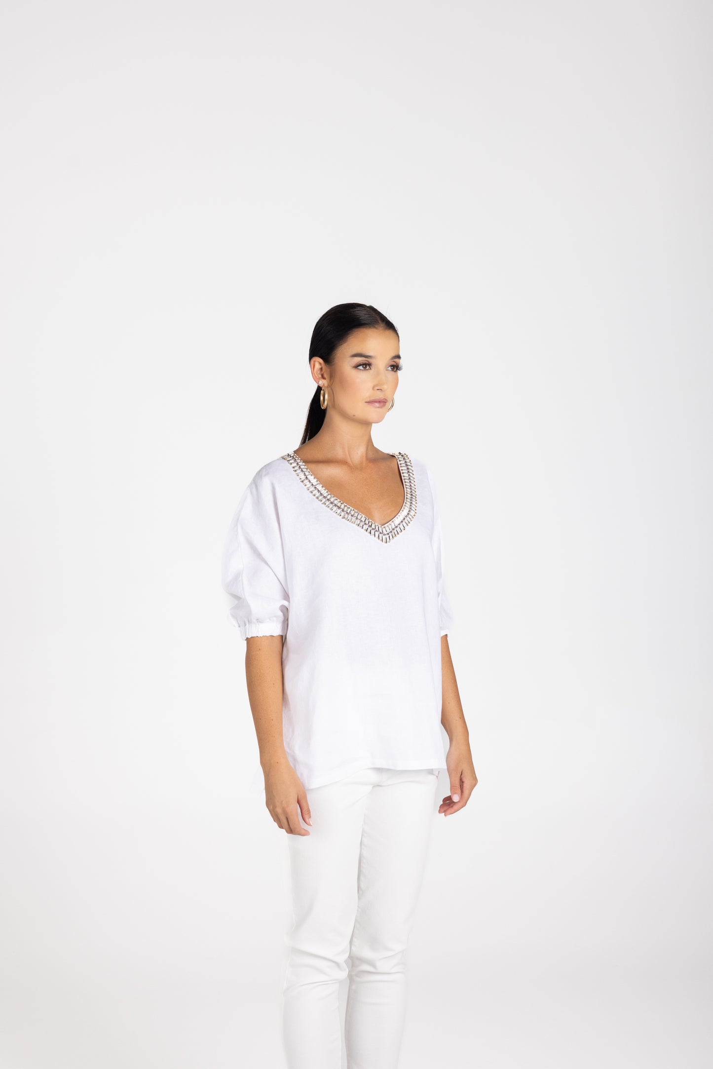 3209 - Linen V-Neck Beaded Top