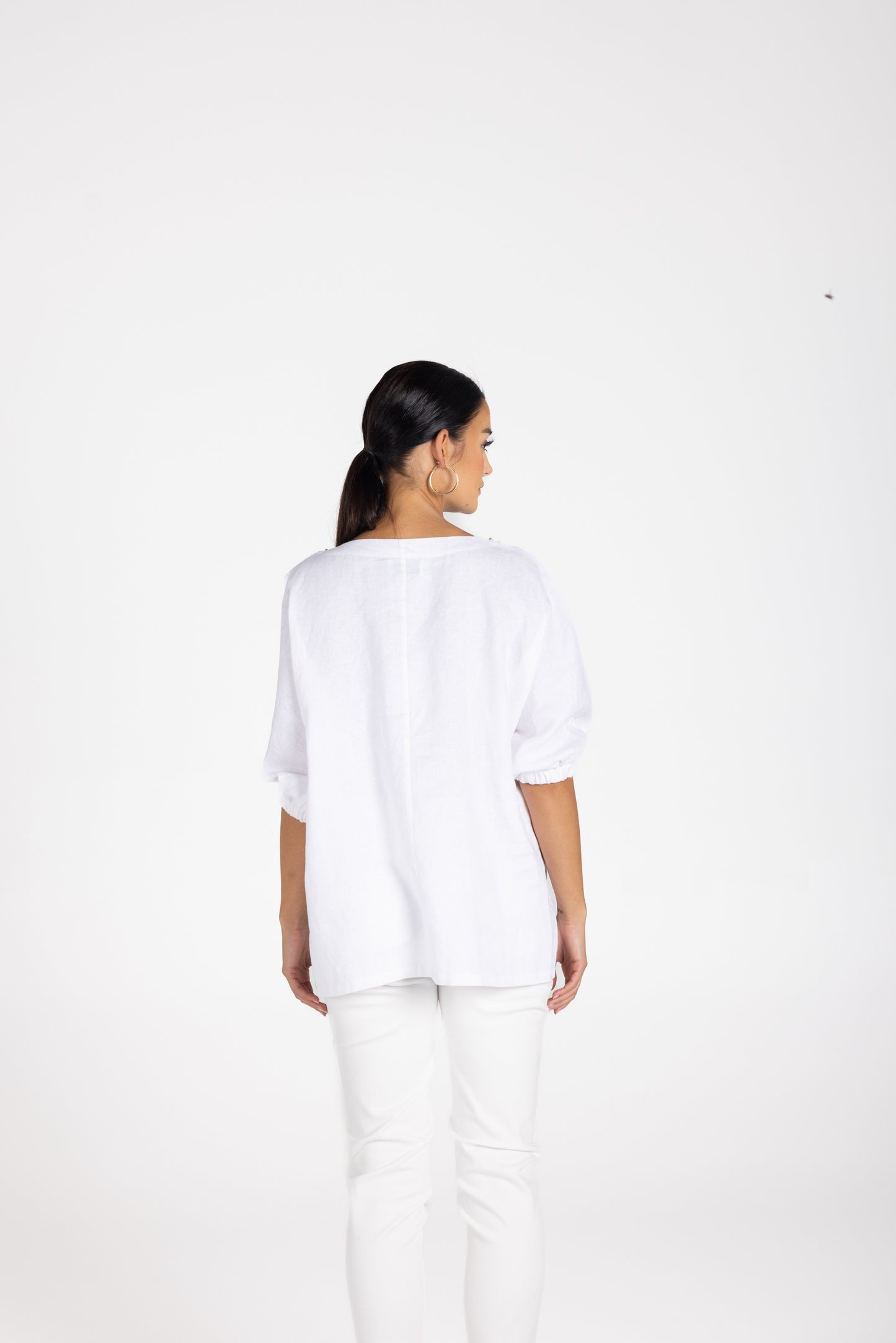 3209 - Linen V-Neck Beaded Top