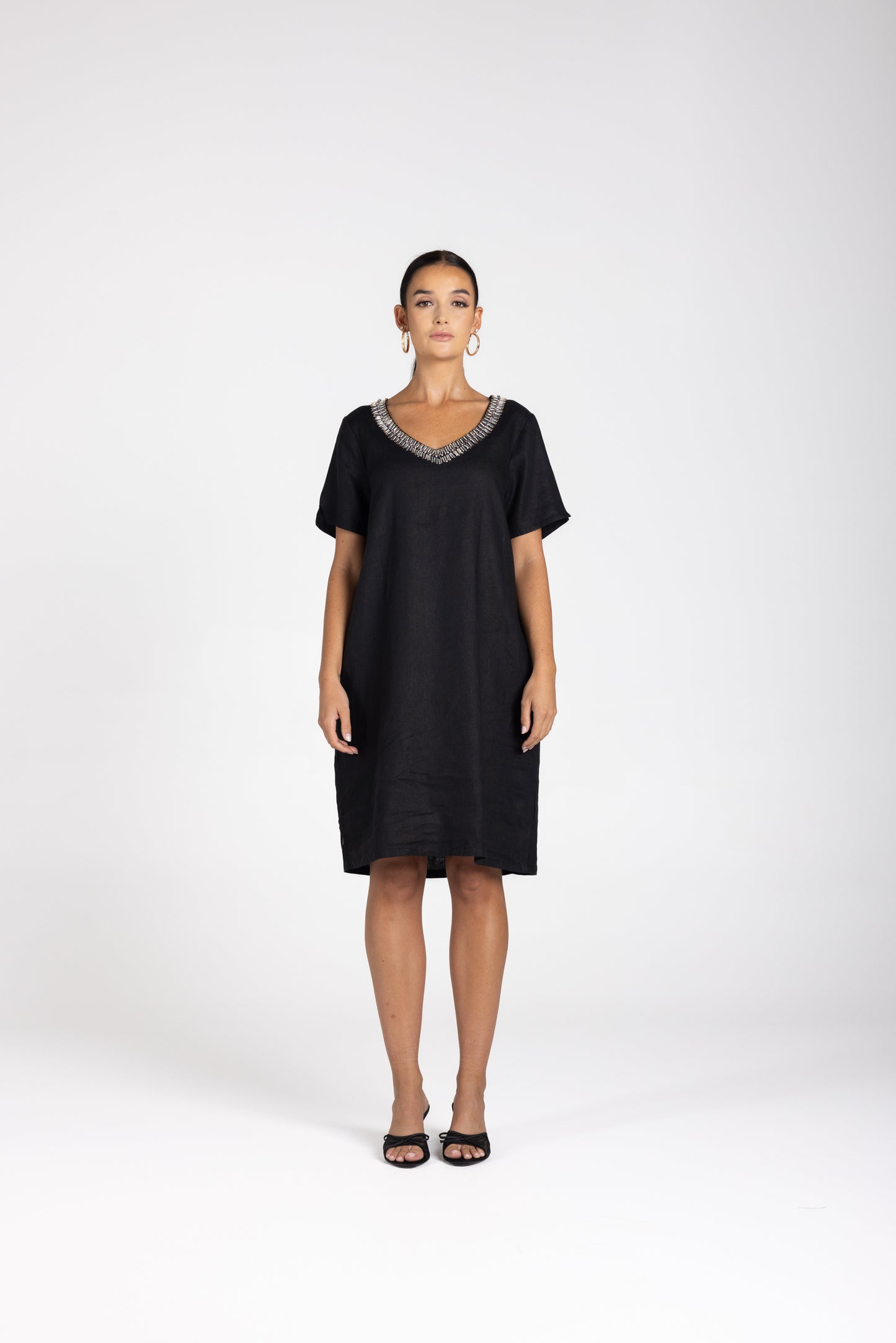 3212 - Linen V-Neck Beaded Dress