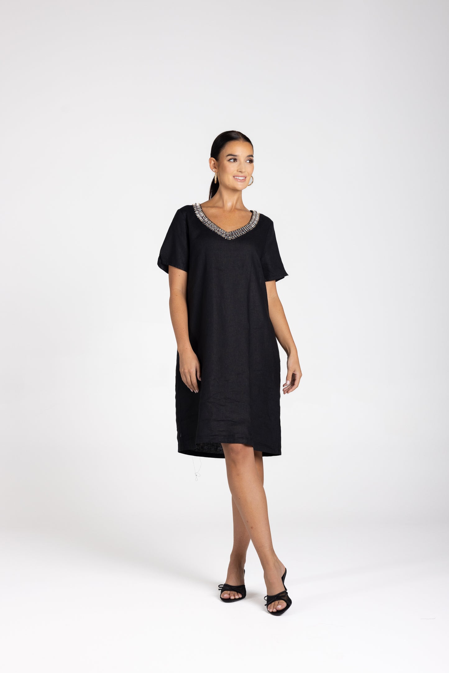 3212 - Linen V-Neck Beaded Dress