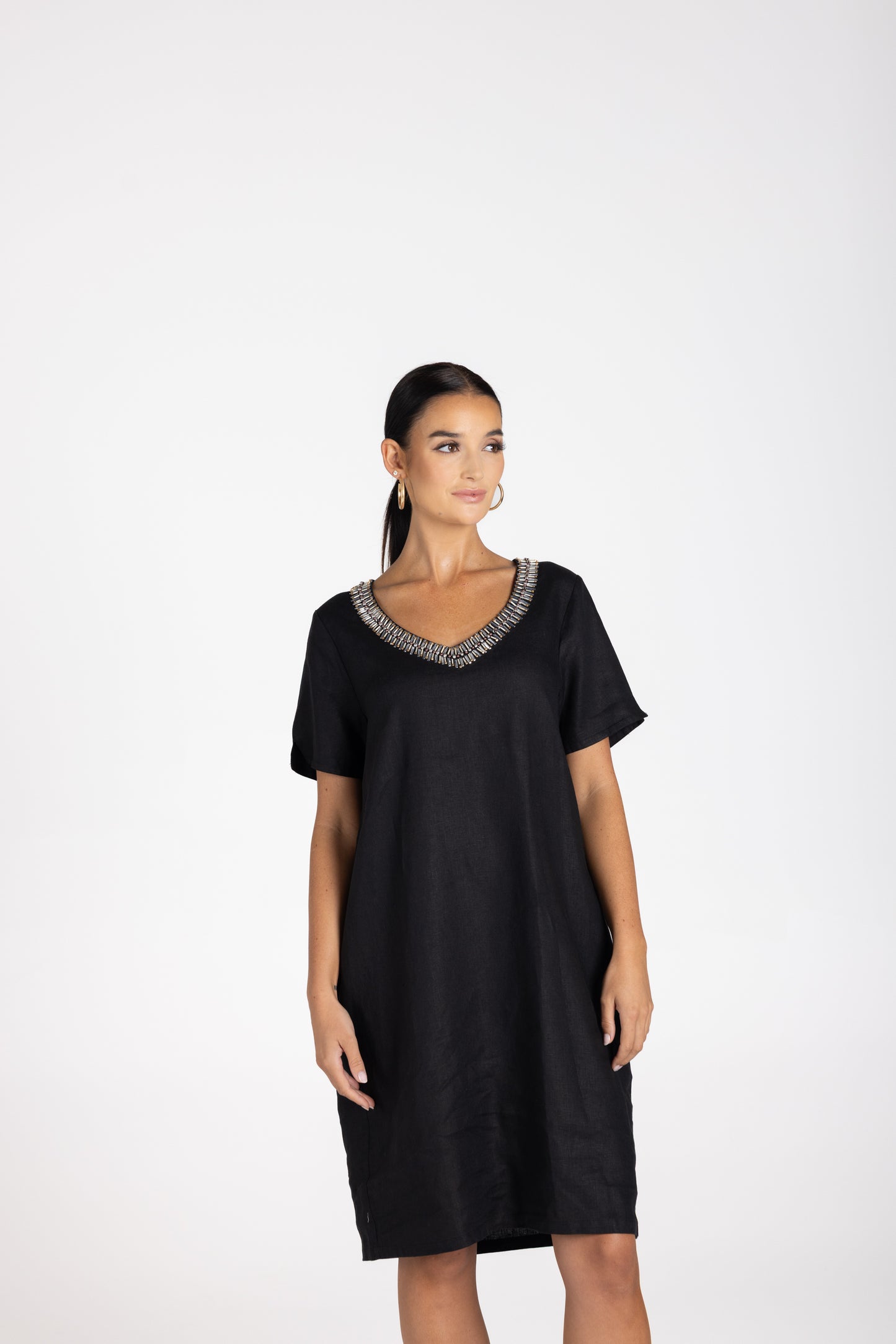 3212 - Linen V-Neck Beaded Dress