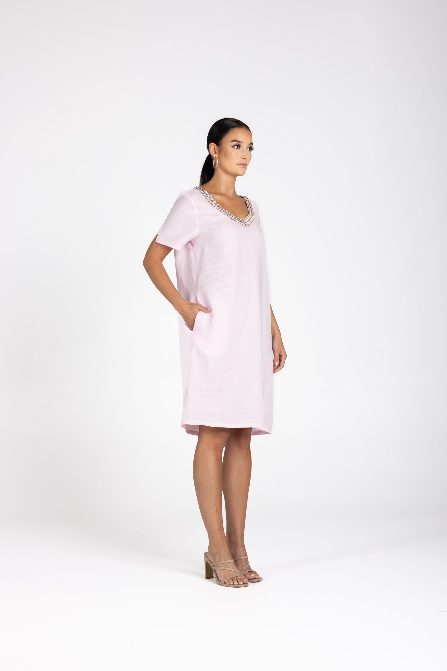 3212 - Linen V-Neck Beaded Dress