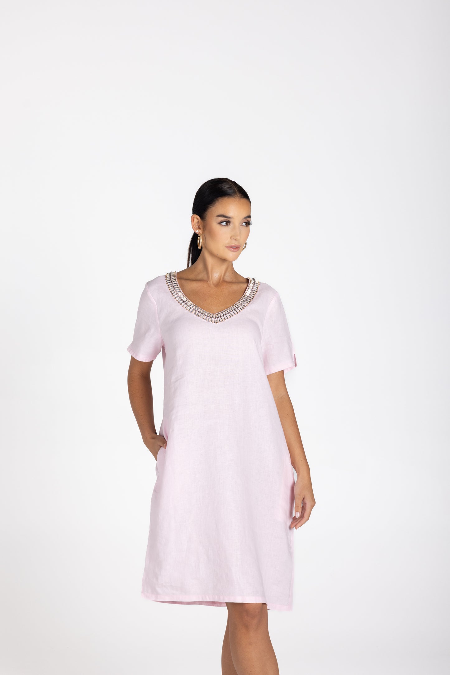 3212 - Linen V-Neck Beaded Dress